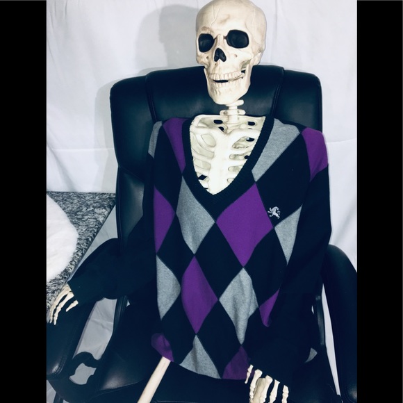 Express (Purple) V-Neck Argyle Sweater Sz L - Picture 2 of 5